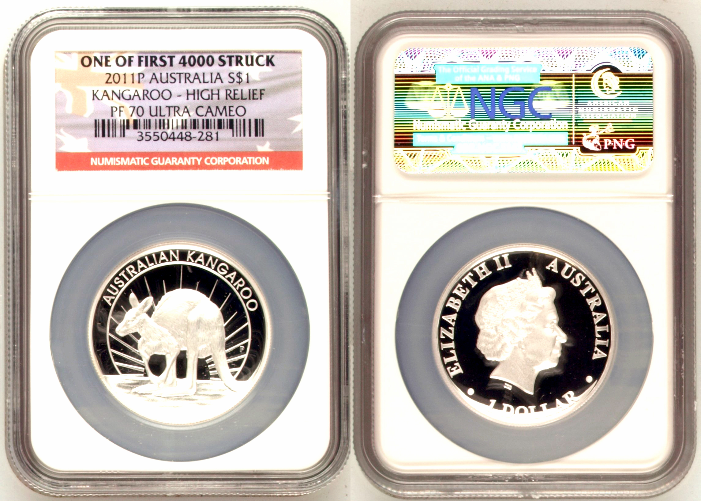 Kangaroo High Relief, One Dollar, 2011P, NGC PF 70 ULTRA CAMEO