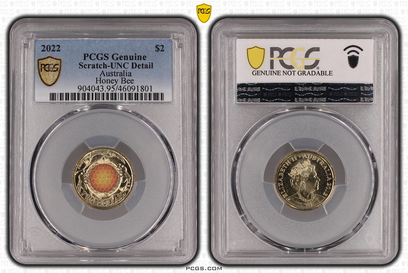 Honey Bee Colourised, Two Dollar, 2022, PCGS Genuine - UNC Details (95 - Scratch)