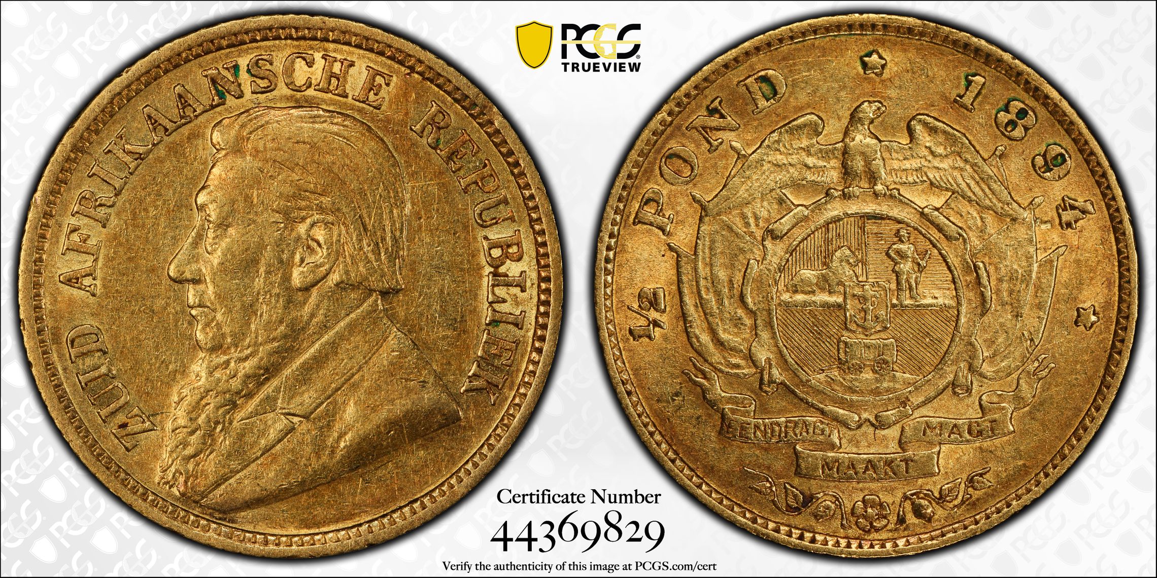 South Africa, Kruger, Half Pond, 1894, PCGS AU50