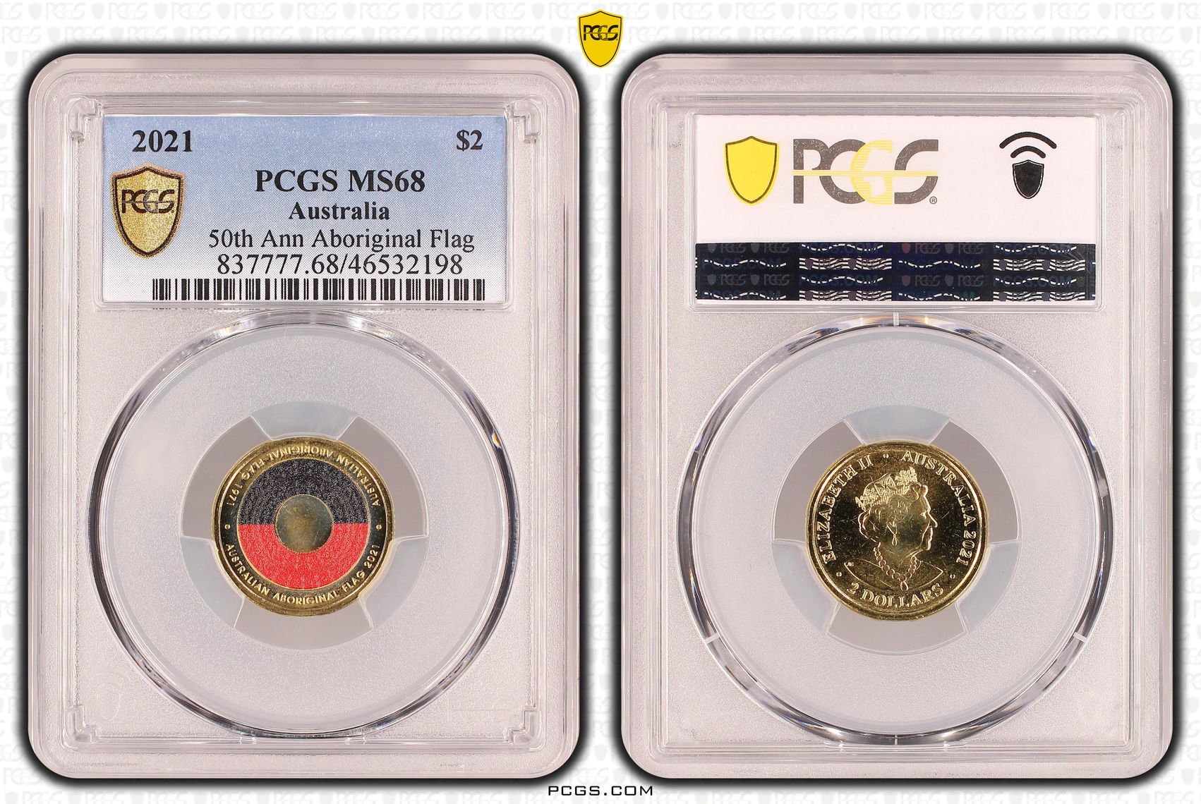 Elizabeth II, 50th Ann Aboriginal Flag, Two Dollar, 2021, PCGS MS 68