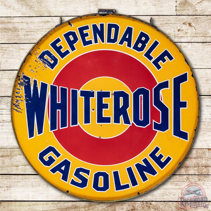 42" White Rose Dependable Gasoline Porcelain Sign & Ring TAC 7.5 & 7