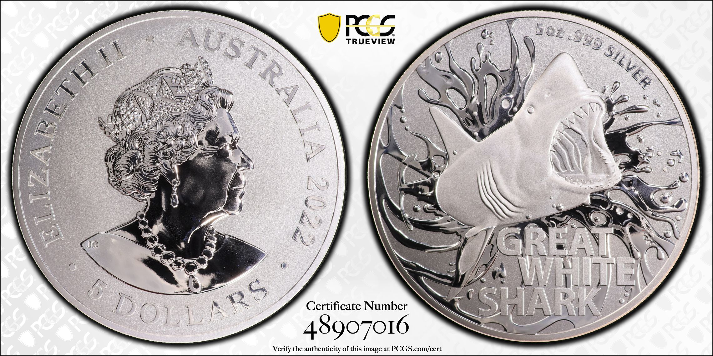 Great White Shark 5oz Ag POP 1/0, Five Dollar, 2022, PCGS MS69