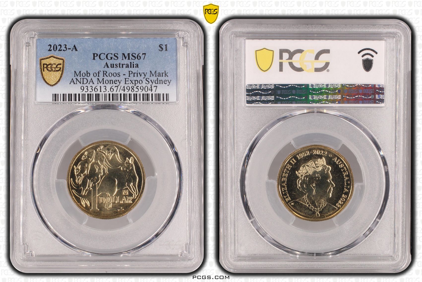 307 · Elizabeth II, Mob of Roos - Privy Mark - ANDA Money Expo Sydney , One Dollar, 2023-A, PCGS MS67
