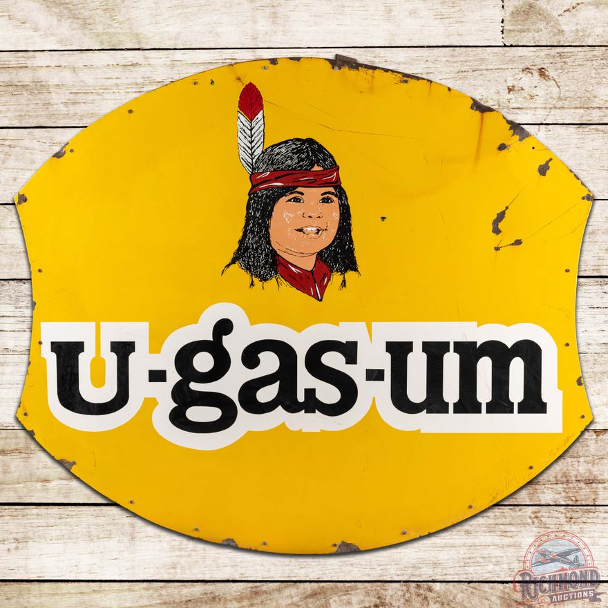 U - Gas - Um Service Station 5' DS Porcelain ID Sign w/ Can & Native American Graphic