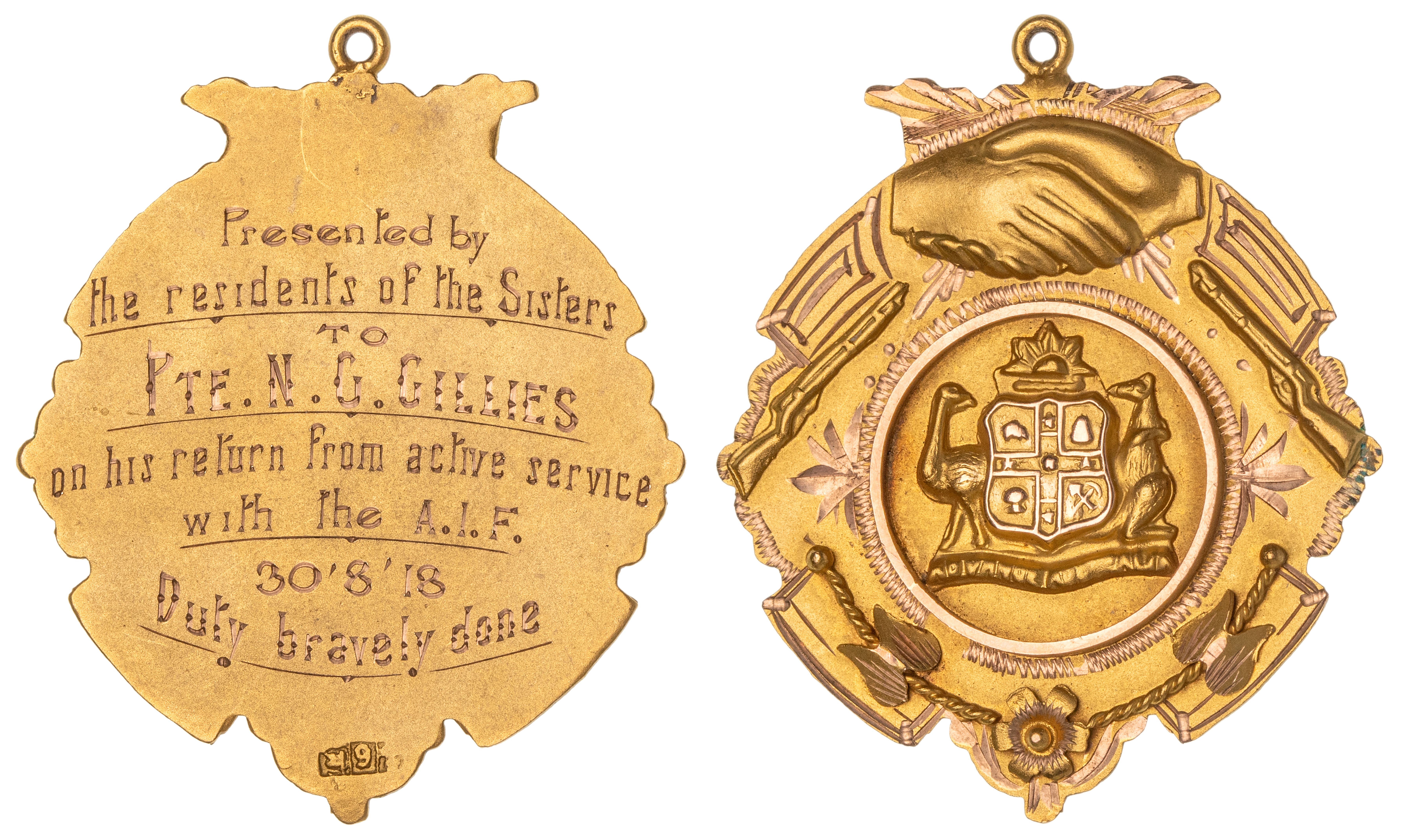 309 · Residents of Sisters, Terang, Victoria, WWI Returned Soldiers Gold Fob Medal,