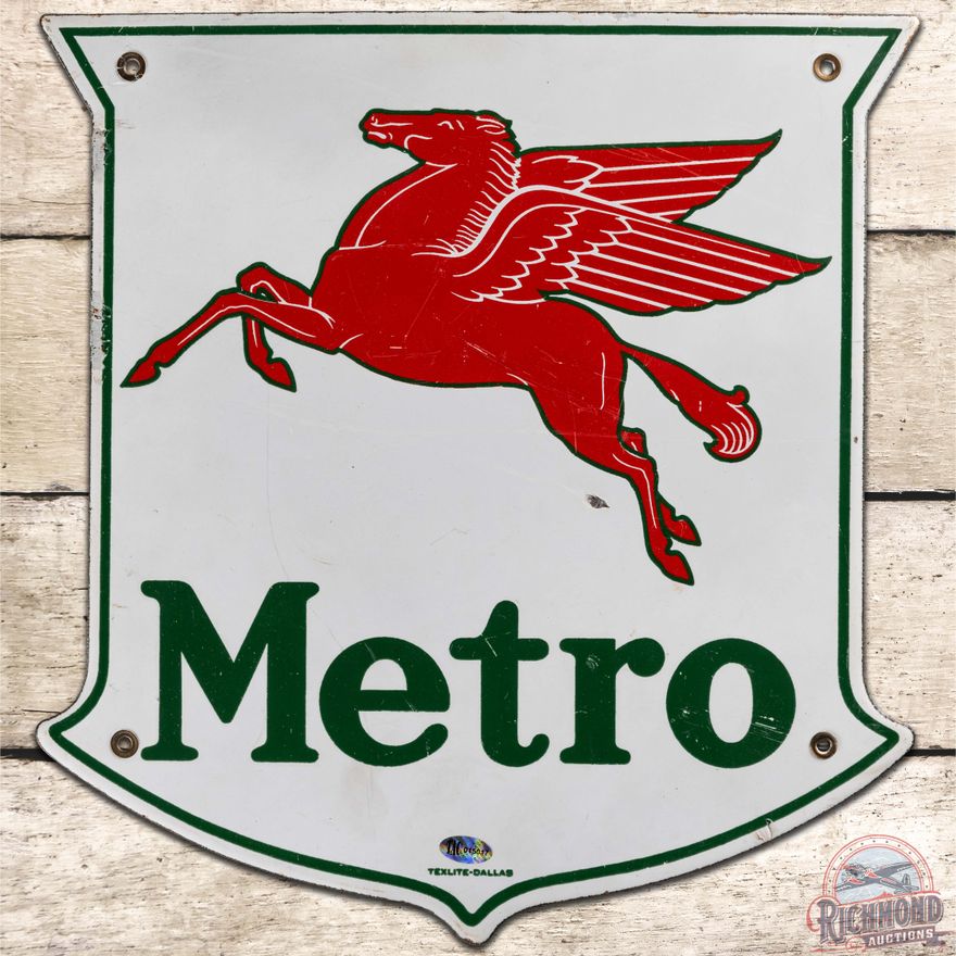 Mobil Metro SS Porcelain Gas Pump Plate Sign w/ Pegasus