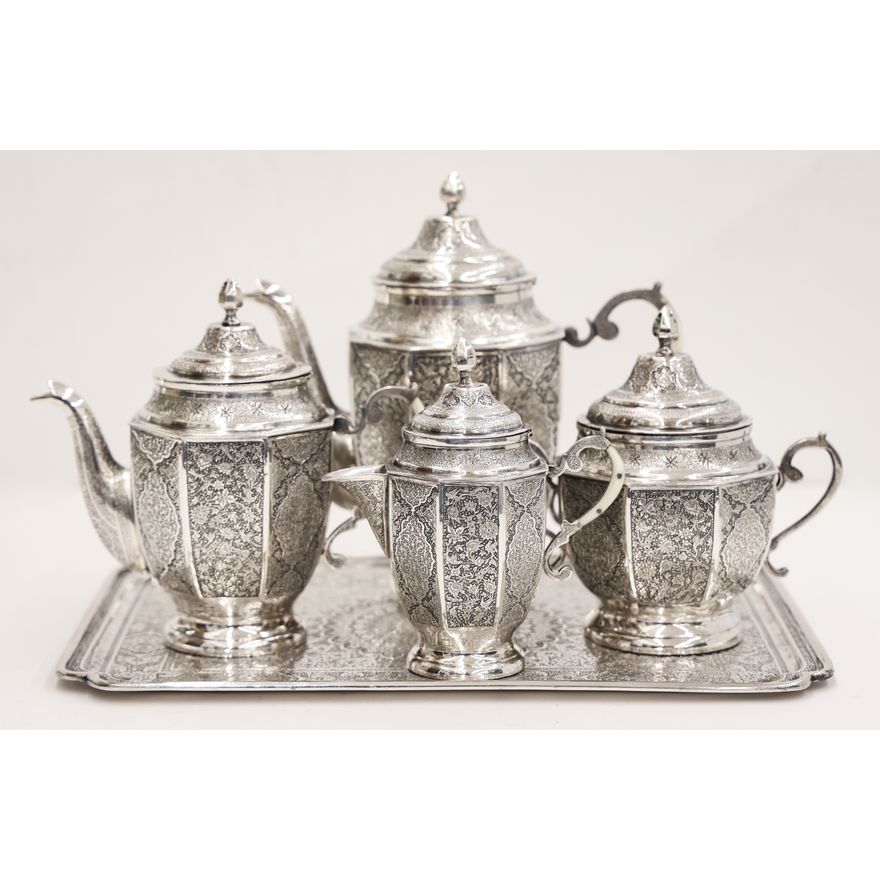 5pc Ornate Persian Vartan 84 Silver Tea Service
