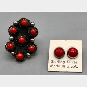 Vintage Coral Ring And Pair Of Earrings