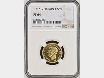 1937 GEORGE VI 'PLAIN EDGE' PROOF GOLD SOVEREIGN PF64