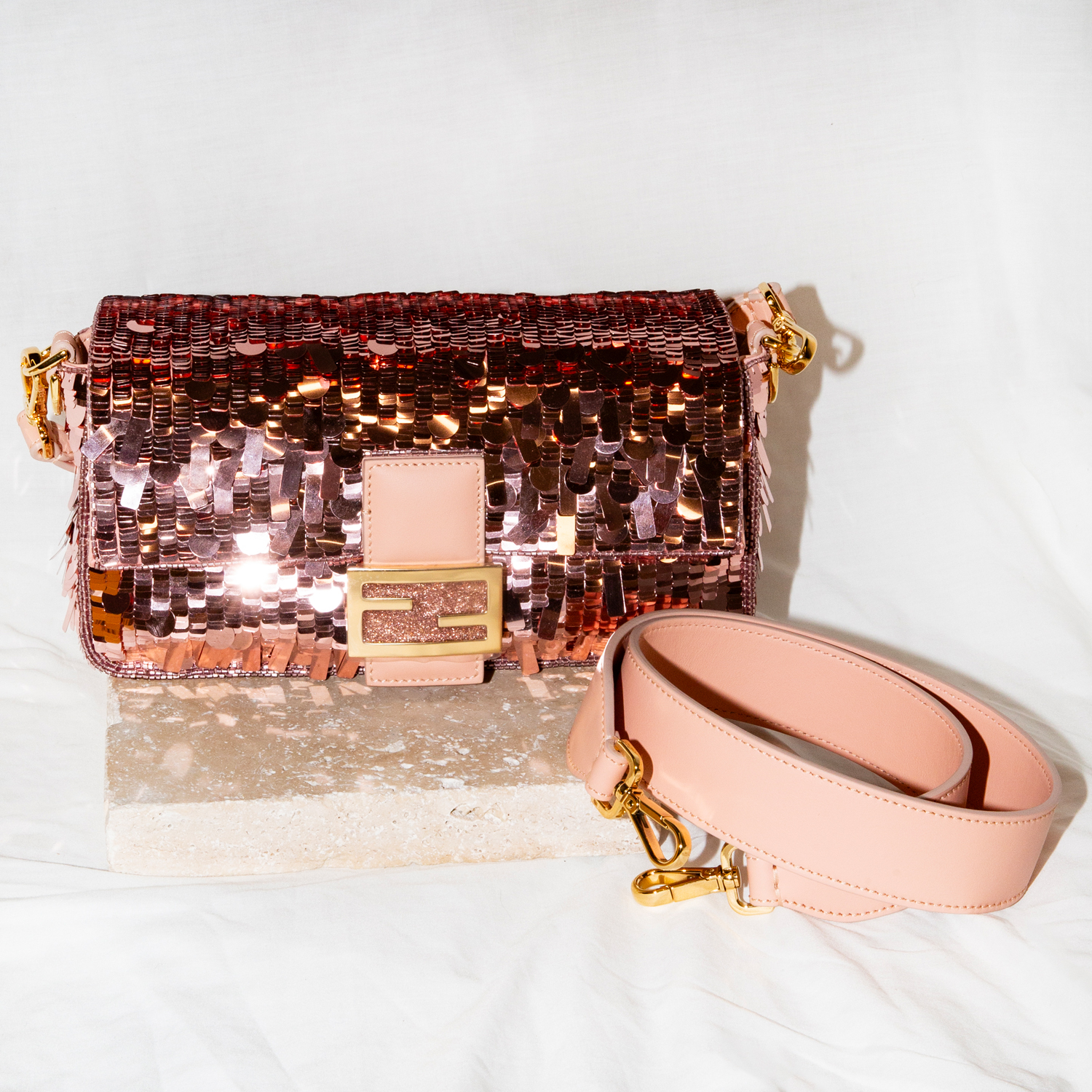 64 · Fendi Baguette Medium Handbag – Pink Sequin Embroidery