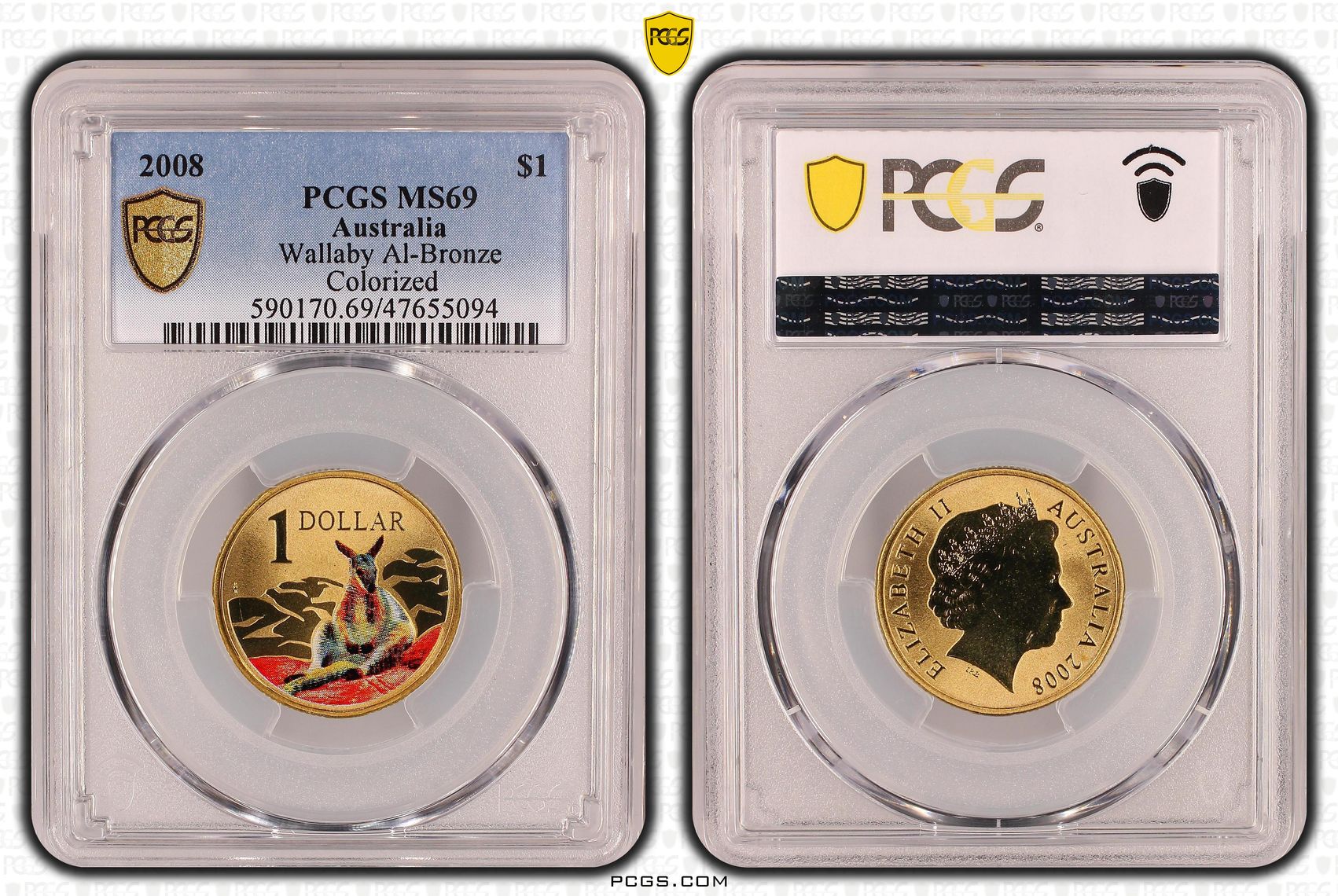 340 · Elizabeth II, Wallaby Al-Bronze, One Dollar, 2008, PCGS MS69