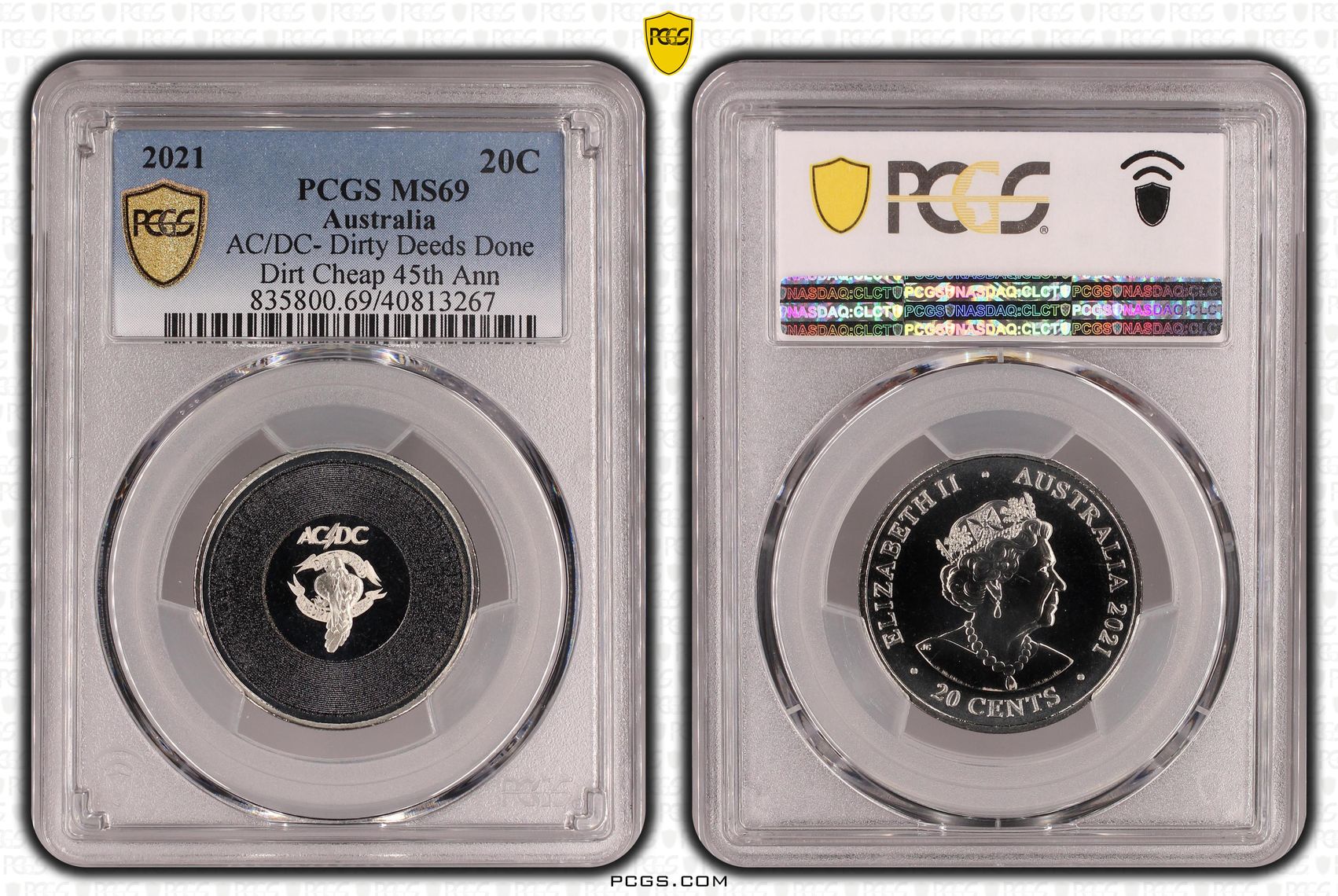 159 · Elizabeth II, AC/DC- Dirty Deeds Done Dirt Cheap 45th Anniversary , Twenty Cent, 2021, PCGS MS69