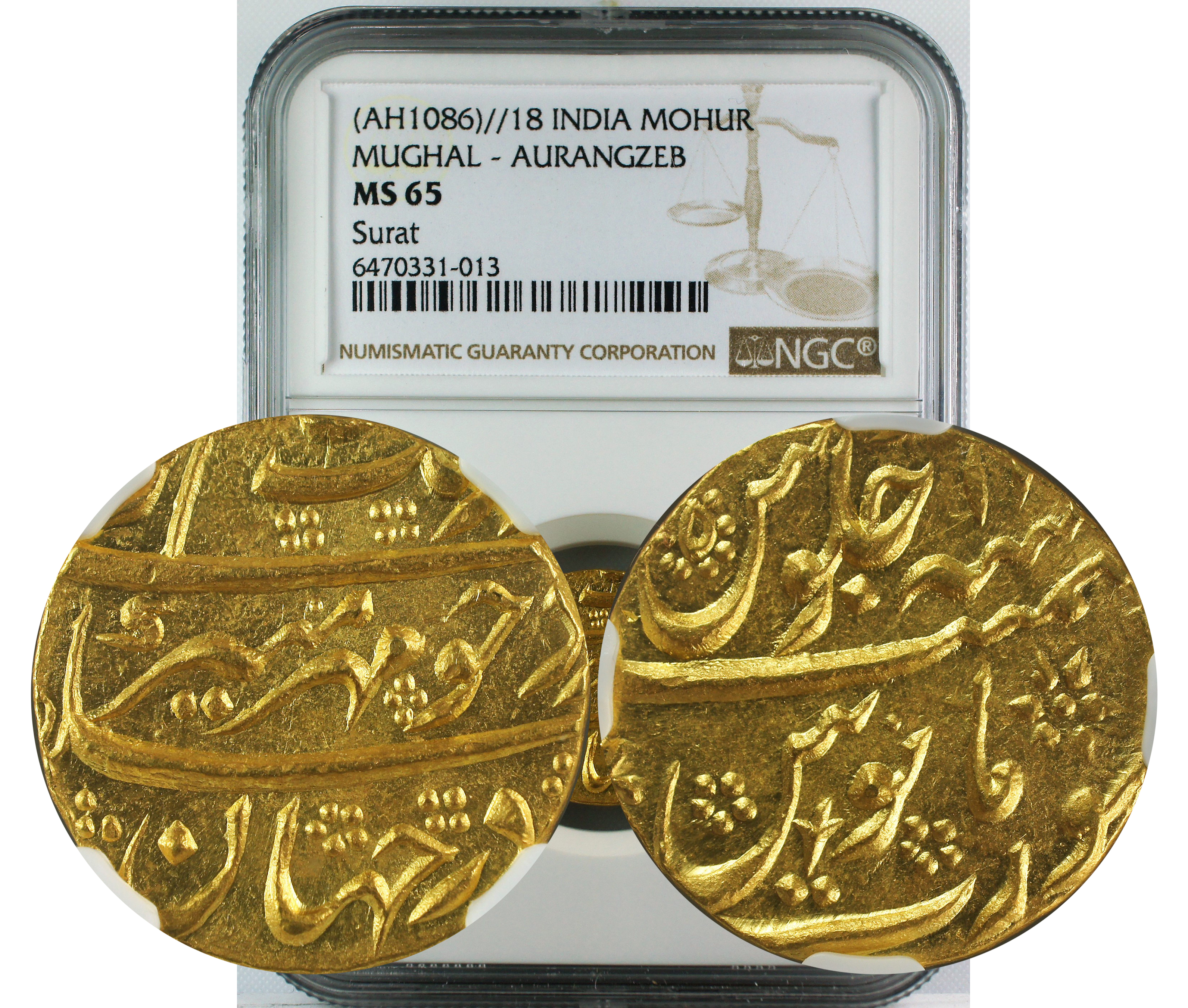 AH 1086//18 INDIA GOLD MOHUR MUGHAL-AURANGZEB  SURAT MS65