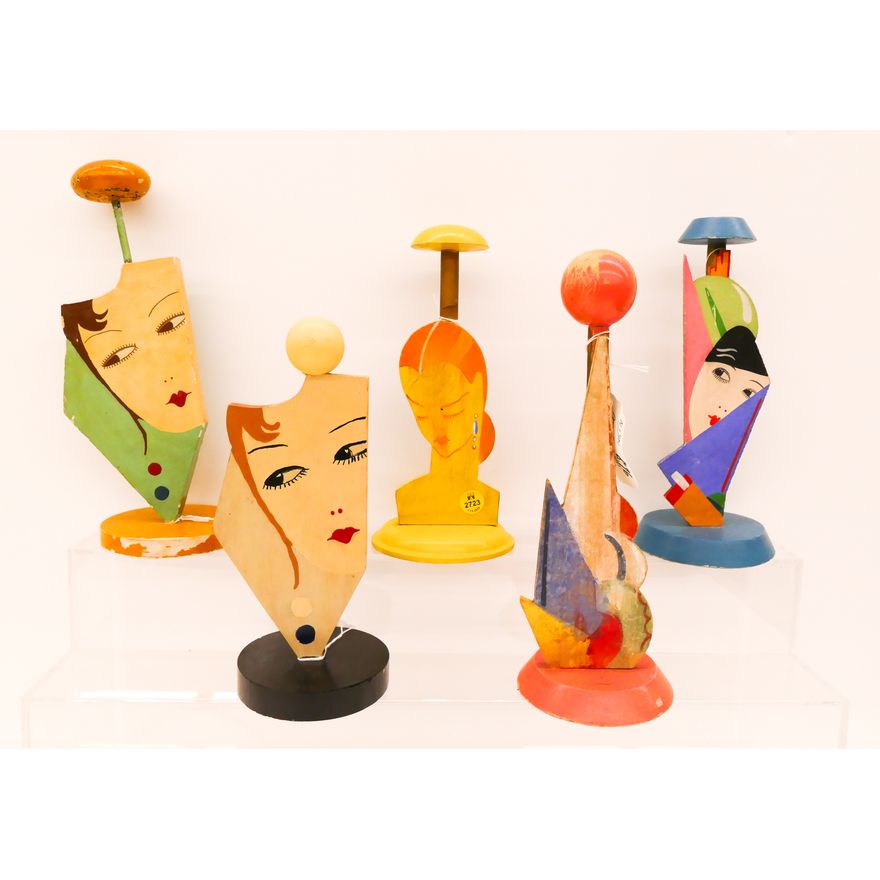 5pc Art Deco Painted Wood Hat Stands- largest 11''