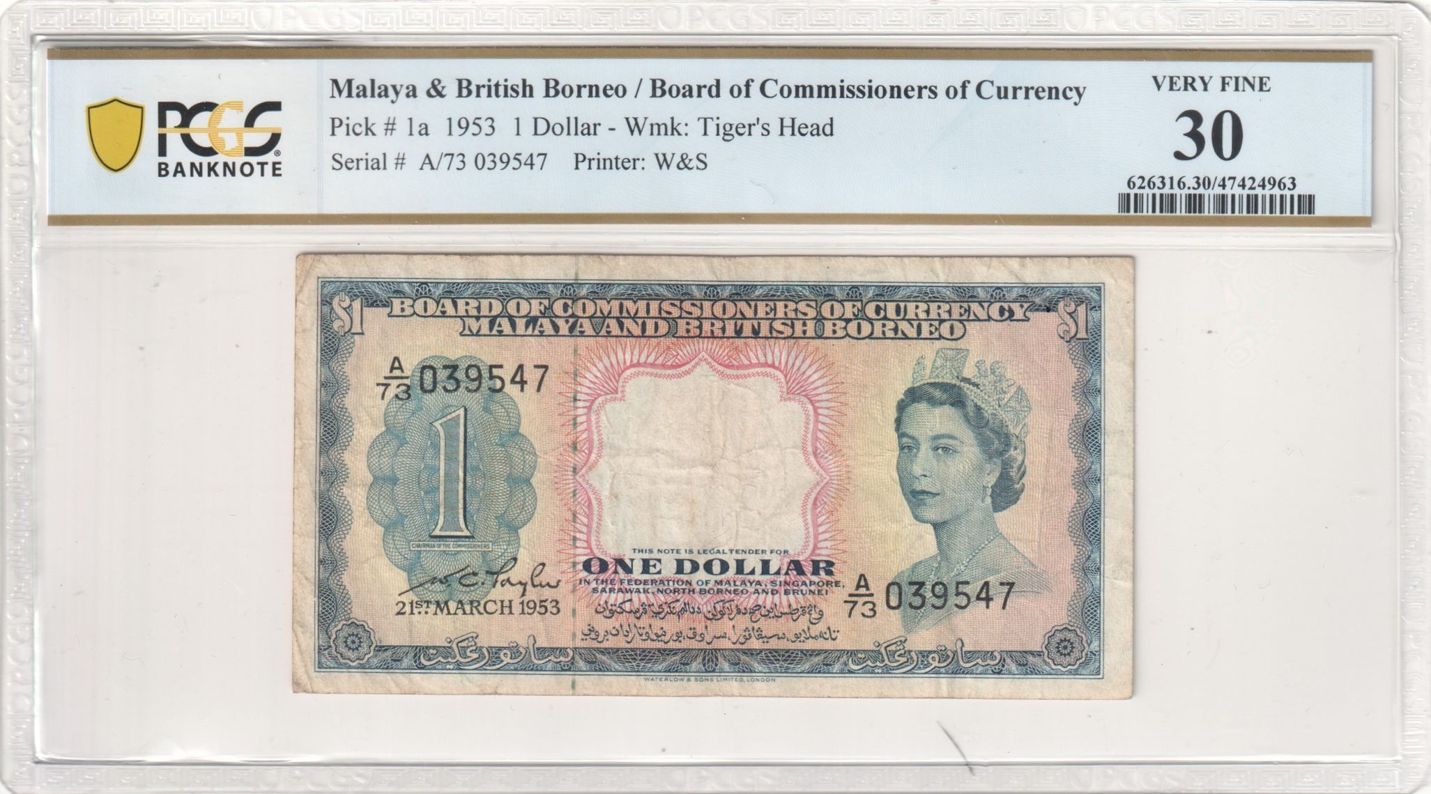 Malaya & British Borneo, W&S , Wmk: Tiger's Head, One Dollar, 1953, PCGS Very Fine 30