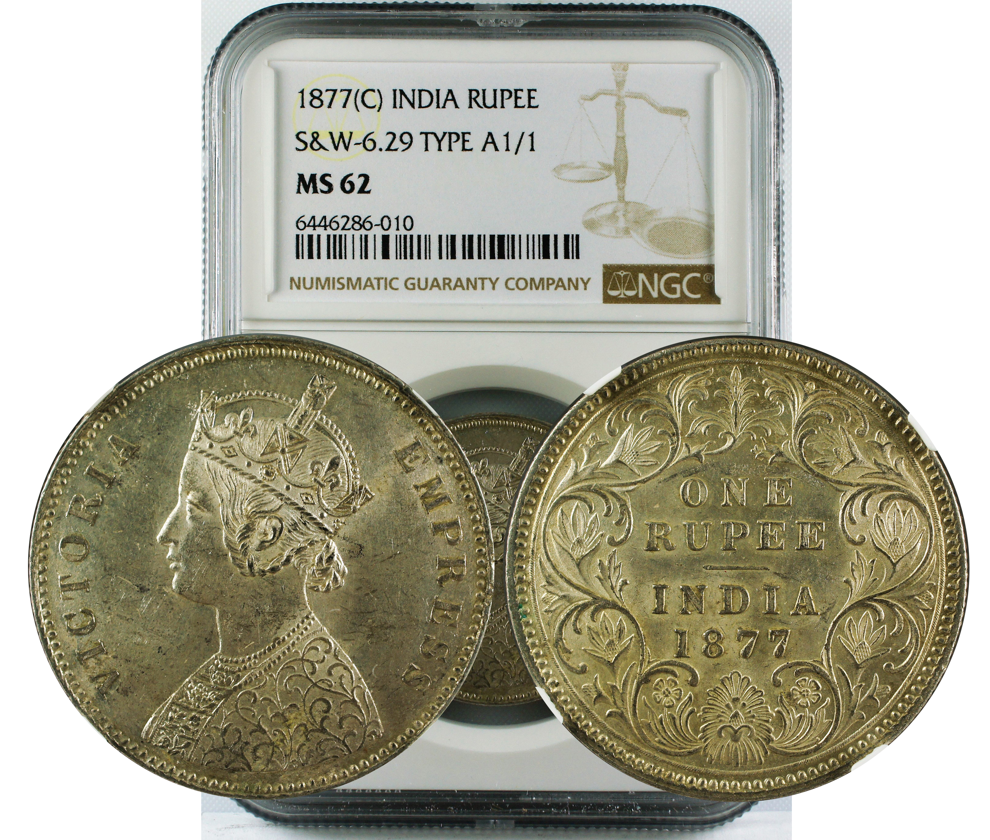 1877 C INDIA RUPEE S&W 6.29 TYPE A1/1 MS62