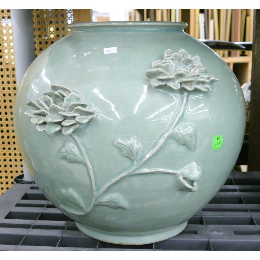 Vintage Korean Celadon Applied Flower Moon Jar 12''