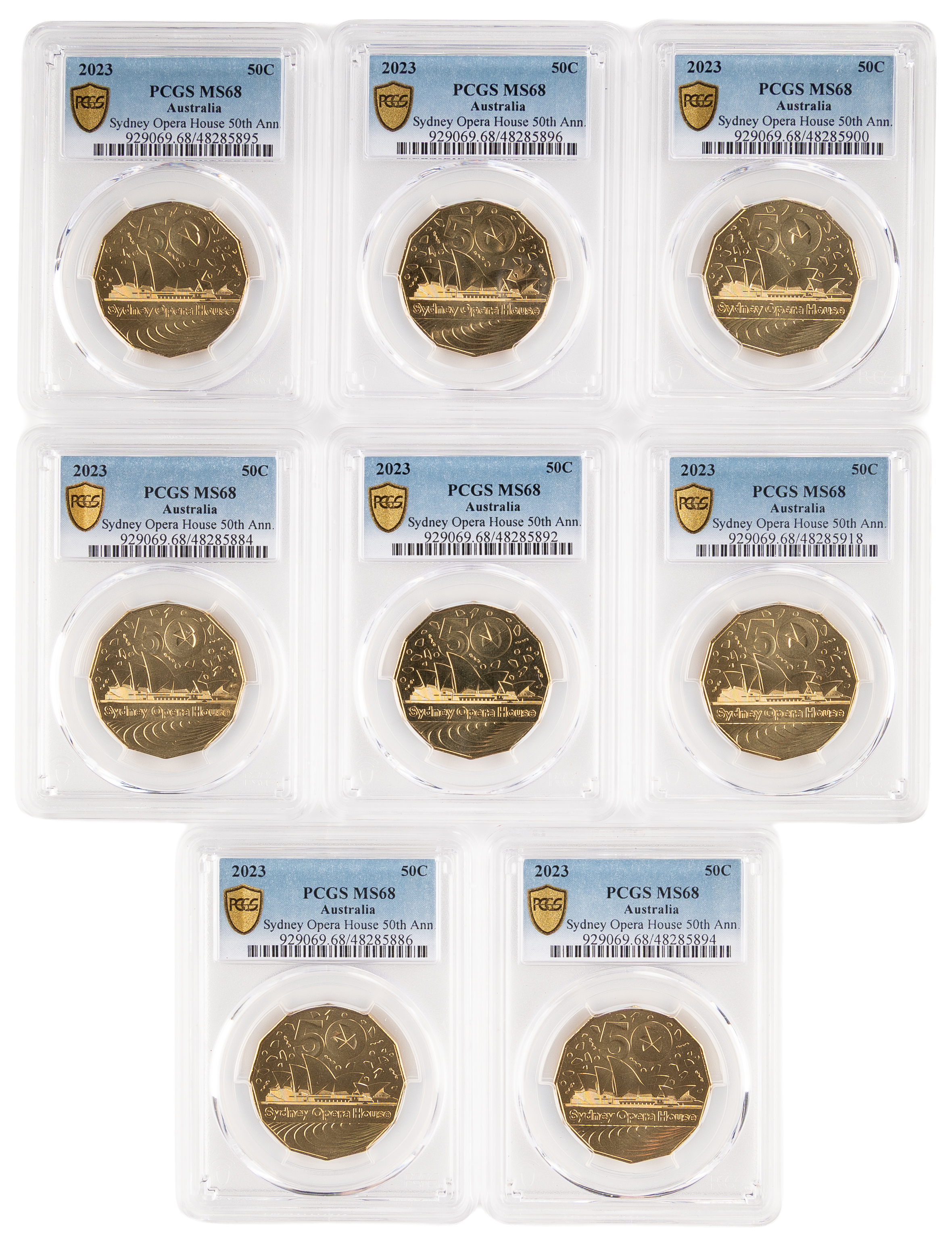 8x Sydney Opera House 50th Ann, Fifty Cent, 2023, PCGS MS68