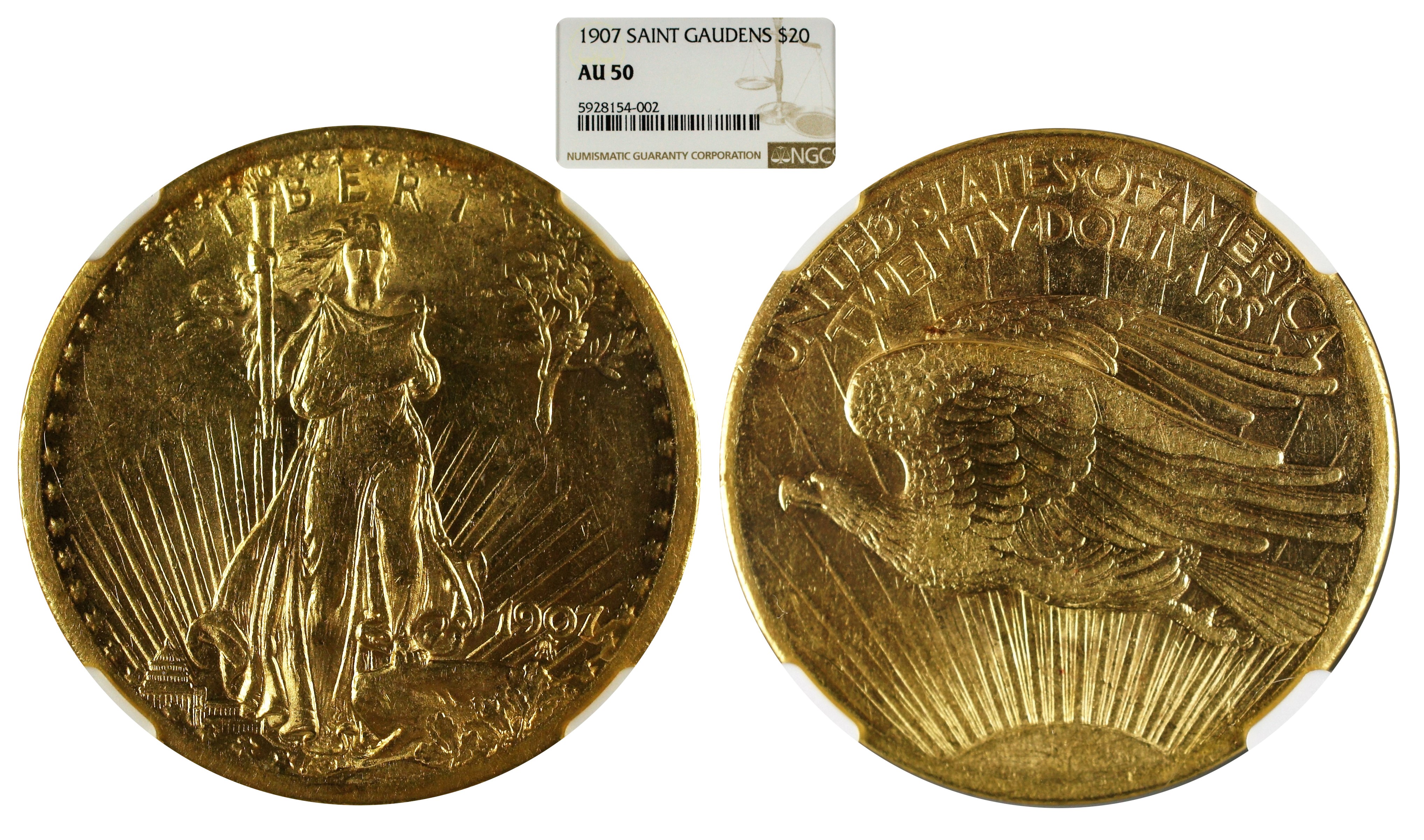 USA 1907 Gold St Gaudens $20 NGC AU50