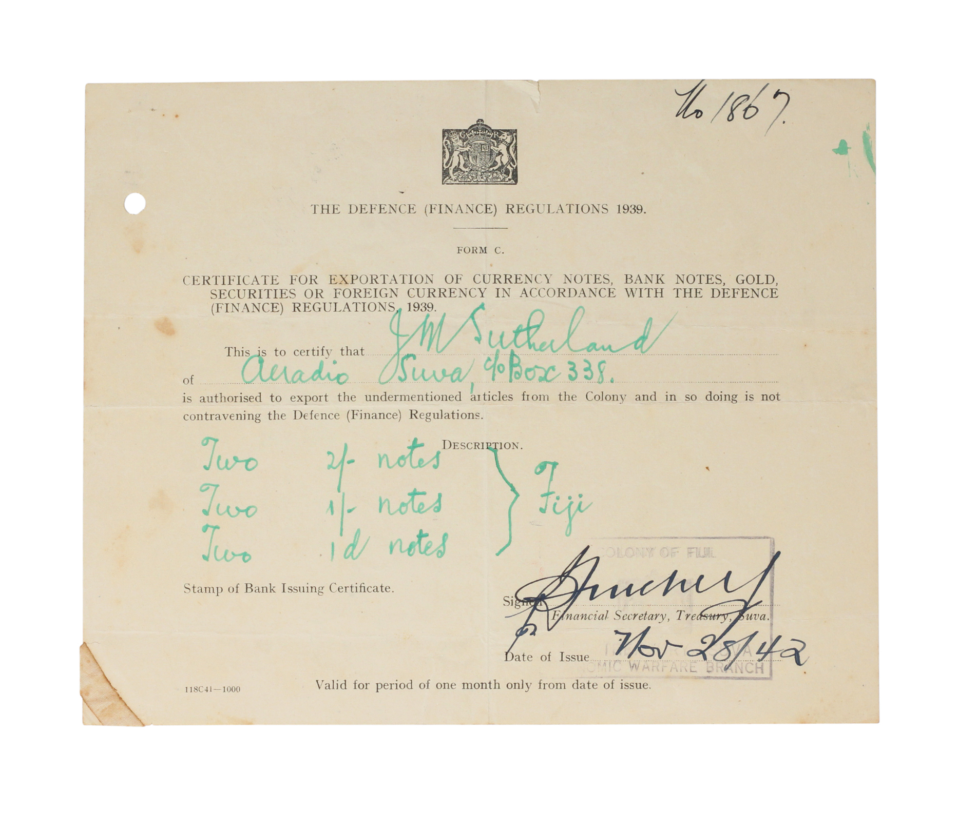 Fiji, Colony of Fiji, 1942, VF