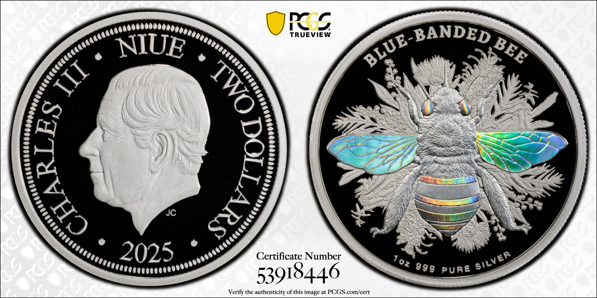 Niue, Blue Banded Bee 1oz Silver, 16/0, Two Dollar, 2025, PR70DCAM