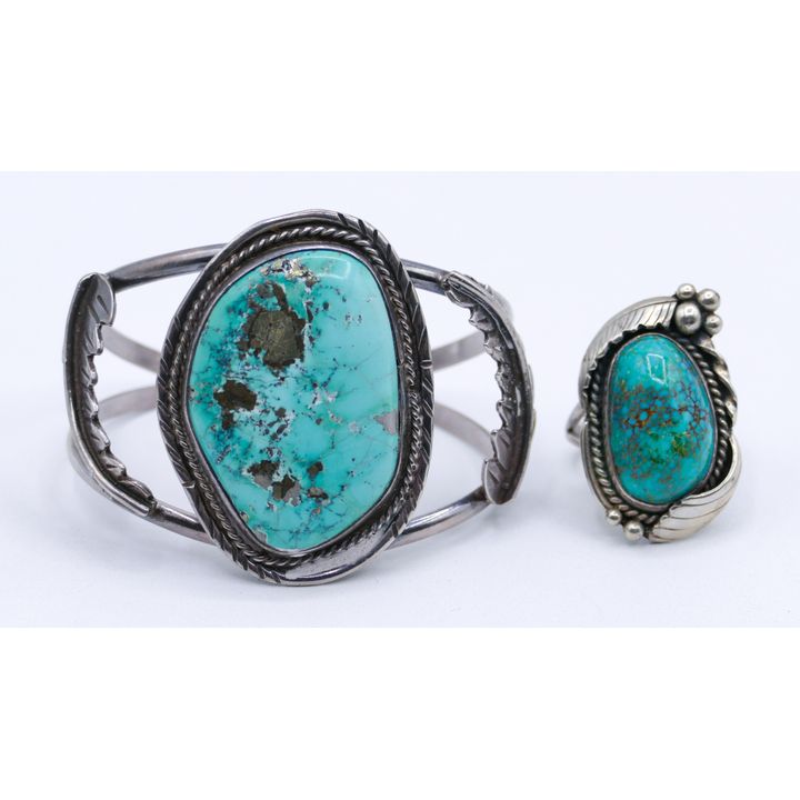 Box Navajo Sterling Turquoise Cuff Bracelet & Ring - 46 Grams TW