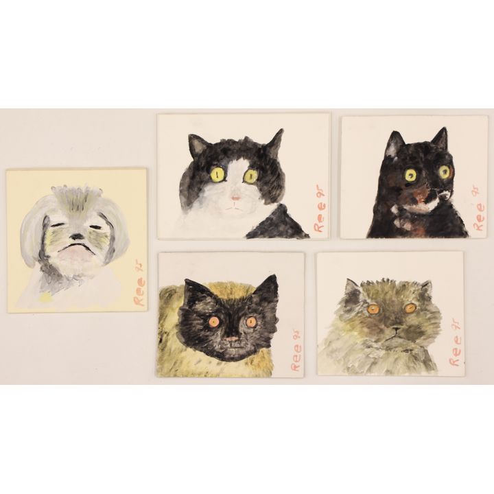 5pc Ree Brown ''Cat and Dog'' 1995 Small Paintings 3.5''x5'' Largest