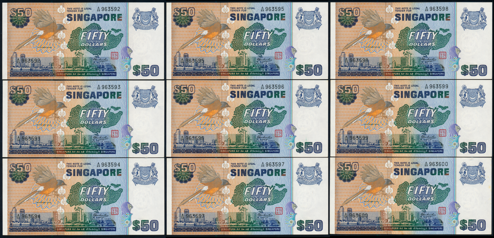 Singapore Bird 1976 $50 consecutive A/89 963592-600 UNC Foxing 