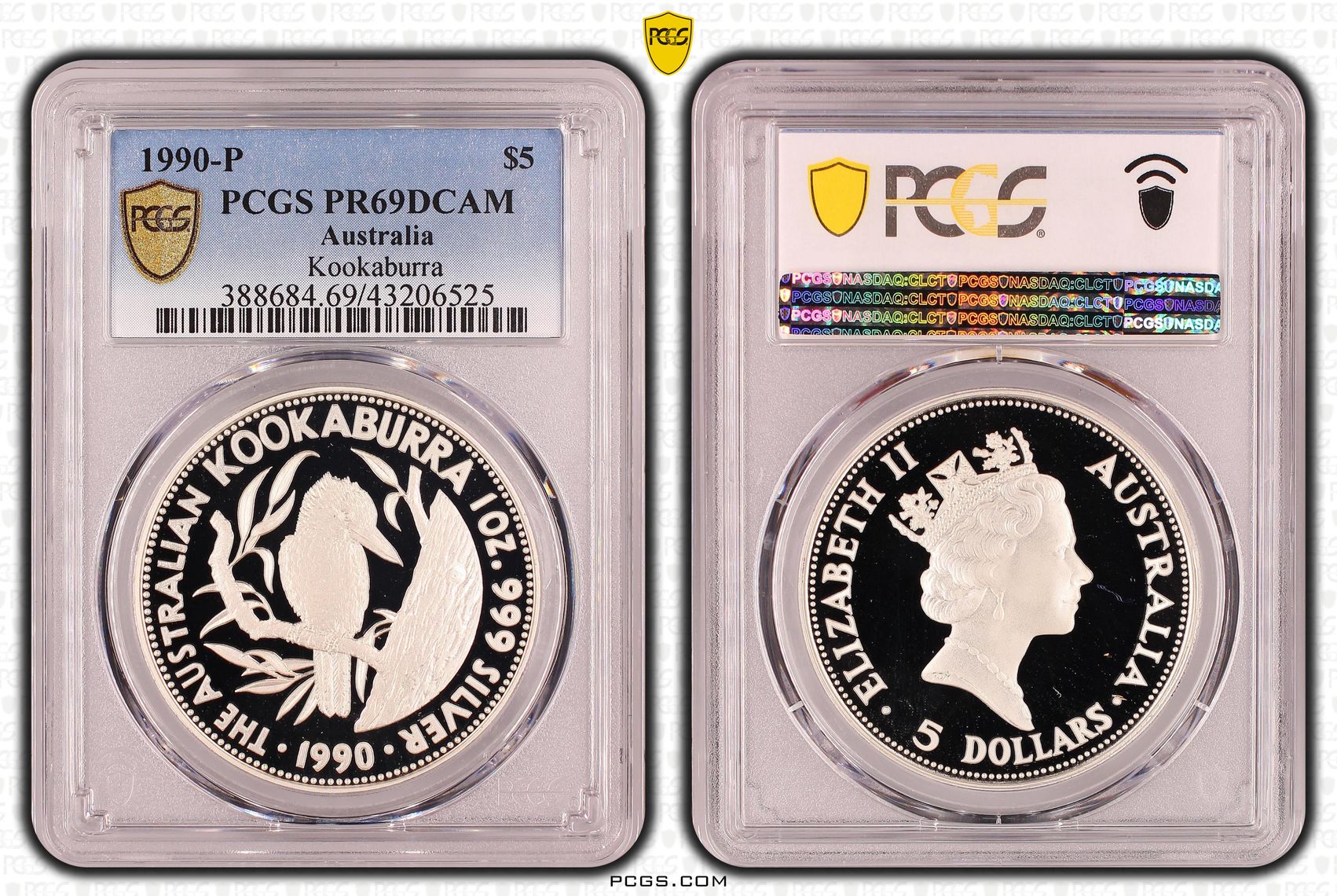 1990-P Australia Five Dollar, $5 Silver Kookaburra PCGS - PR69DCAM -525