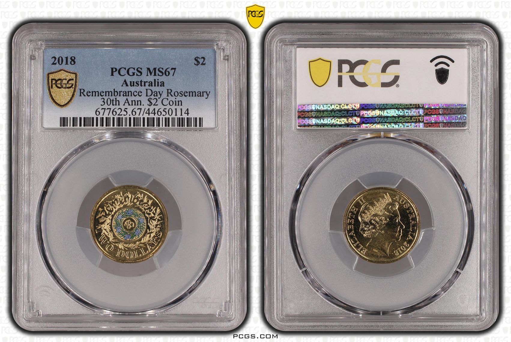 2018 Australia Two Dollar, $2 Remembrance Day Rosemary 30th Ann. $2 Coin PCGS - MS67 -114