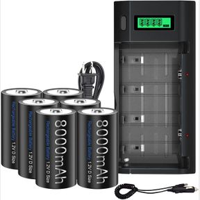UNIVERSAL RECHARGEABLE BATTERY CHARGER FOR AA AAA 9V C D BATTERY WITH 6 PACK 8000MAH RECHARGEABLE D SIZE BATTERIES, BATTERY STORAG