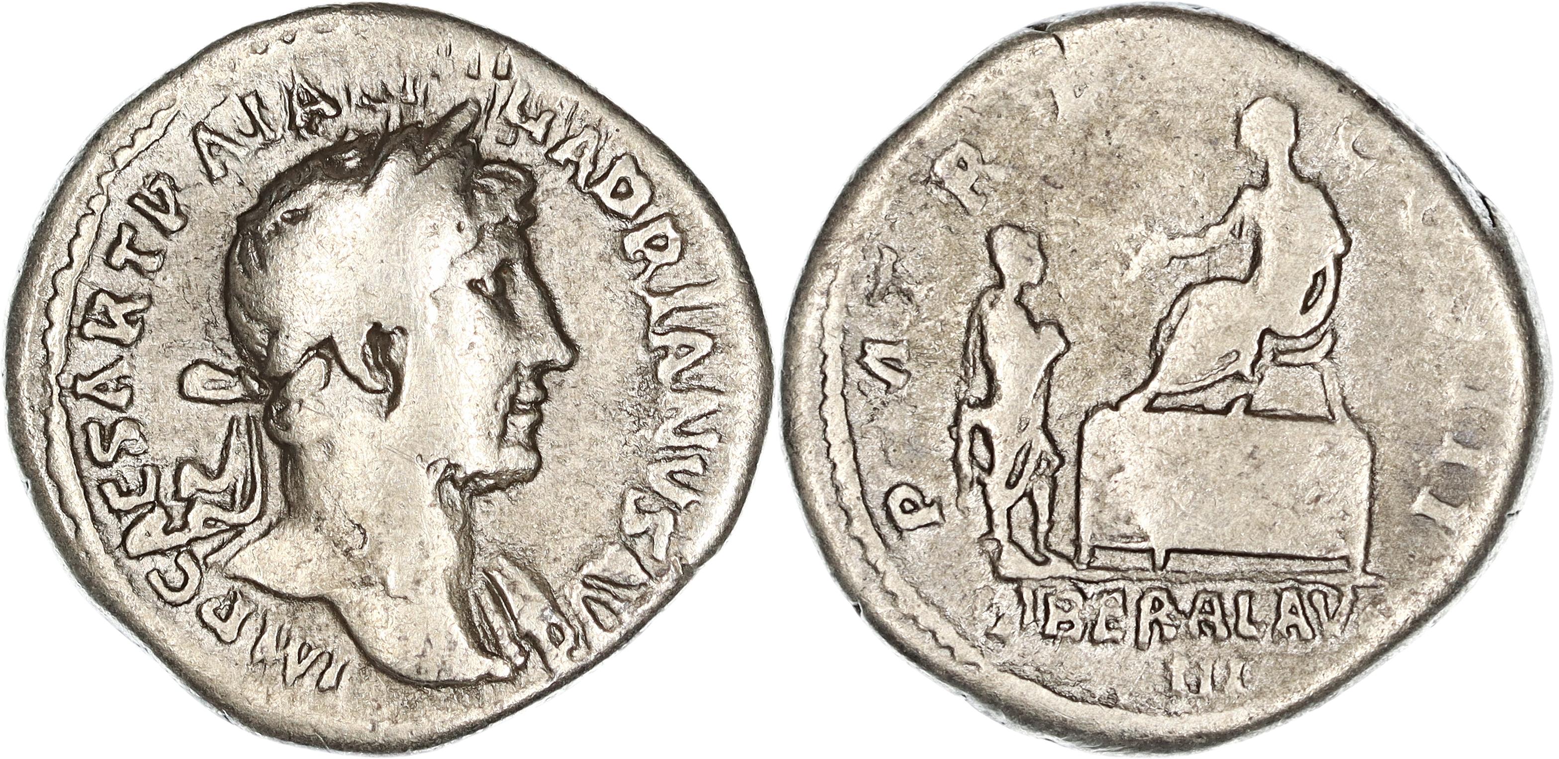 Roman Empire, Hadrian, Silver Denarius, 120-121 AD, F