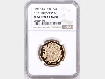 1998 ELIZABETH II GOLD PROOF 50 PENCE COIN PF70 UCAM