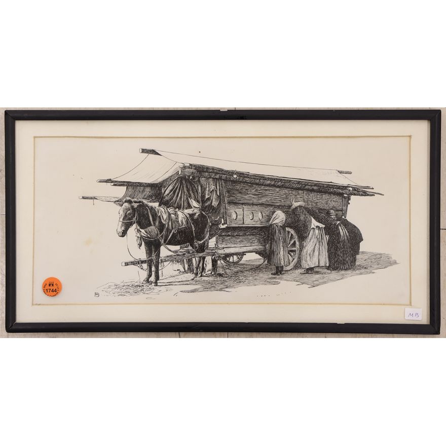 Horsedrawn Cart Pen and Ink Drawing Framed 9''x16.5''