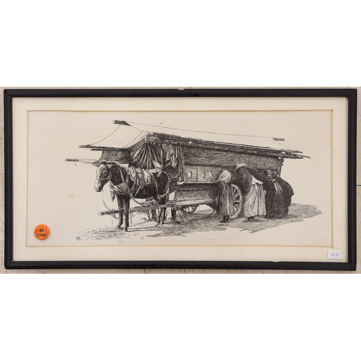 Horsedrawn Cart Pen and Ink Drawing Framed 9''x16.5''