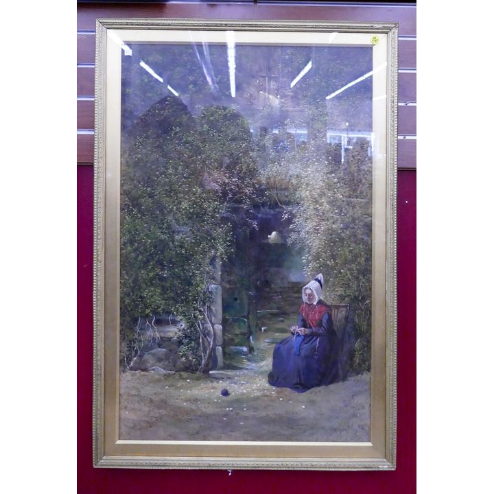 Robert Frier English Woman Knitting in Landscape Watercolor & Gouache Painting- 39x27'' (PC)