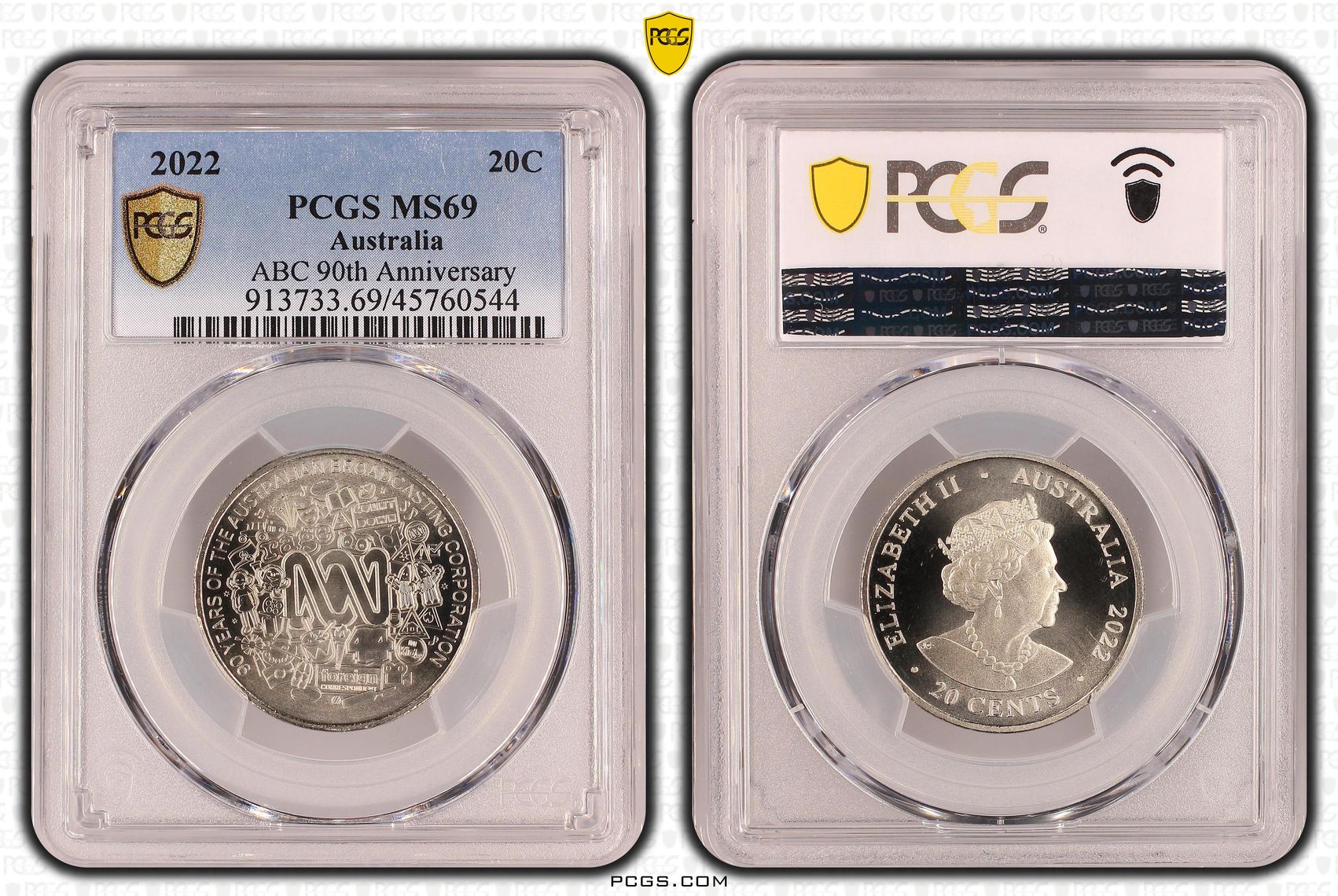 ABC 90th Anniversary, Twenty Cent, 2022, PCGS MS 69