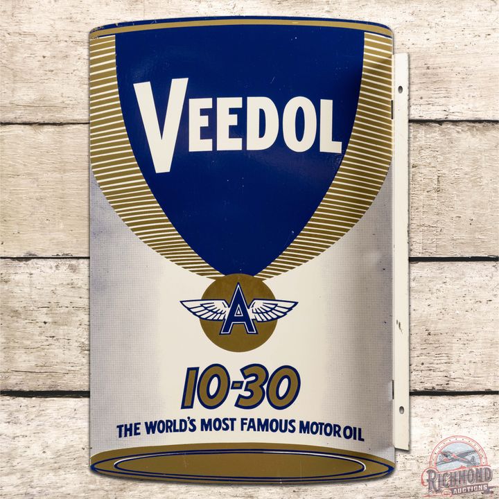 Veedol 10-30 Motor Oil Can Shape DST Flange Sign w/ Flying A Logo