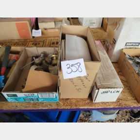 3 Boxes of pry bar, door parts, and new door closure