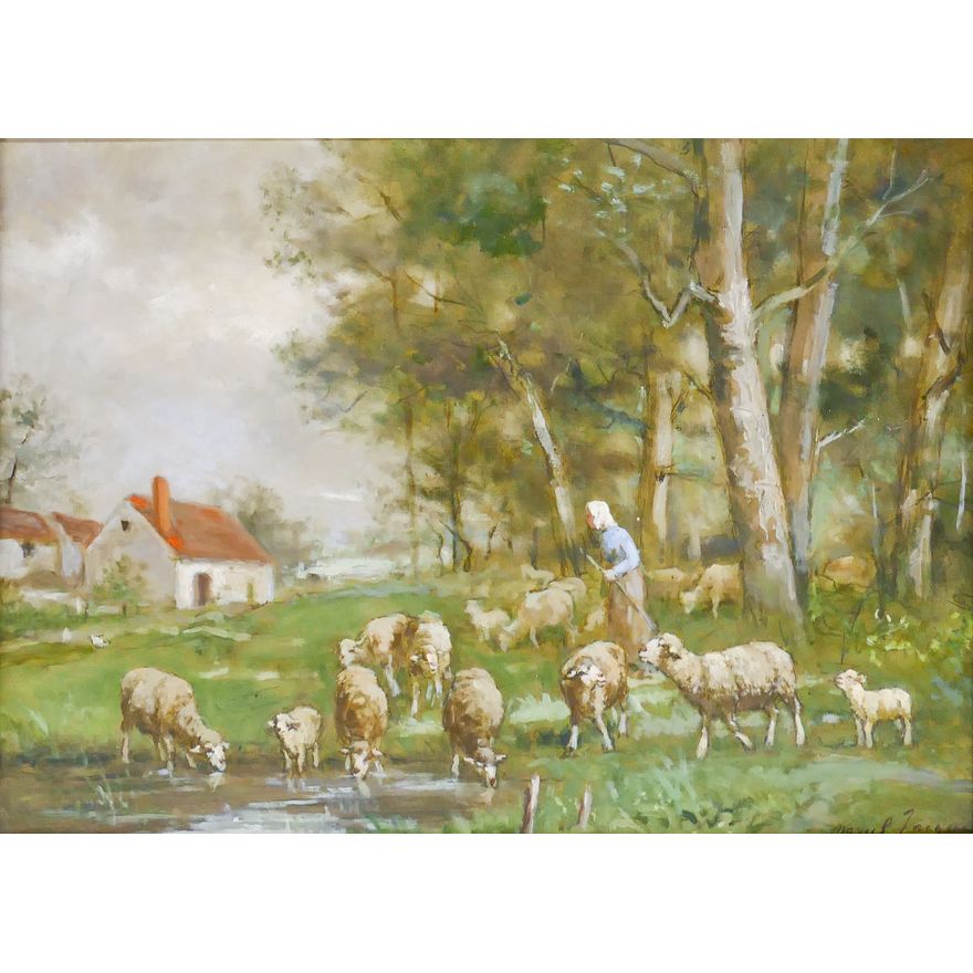 Marcel Jacque (1906-1981 France) 'Shepardess with Flock' Oil on Canvas