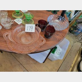 Pink Depression platter, bowl, Ruby creamer/sugar and other