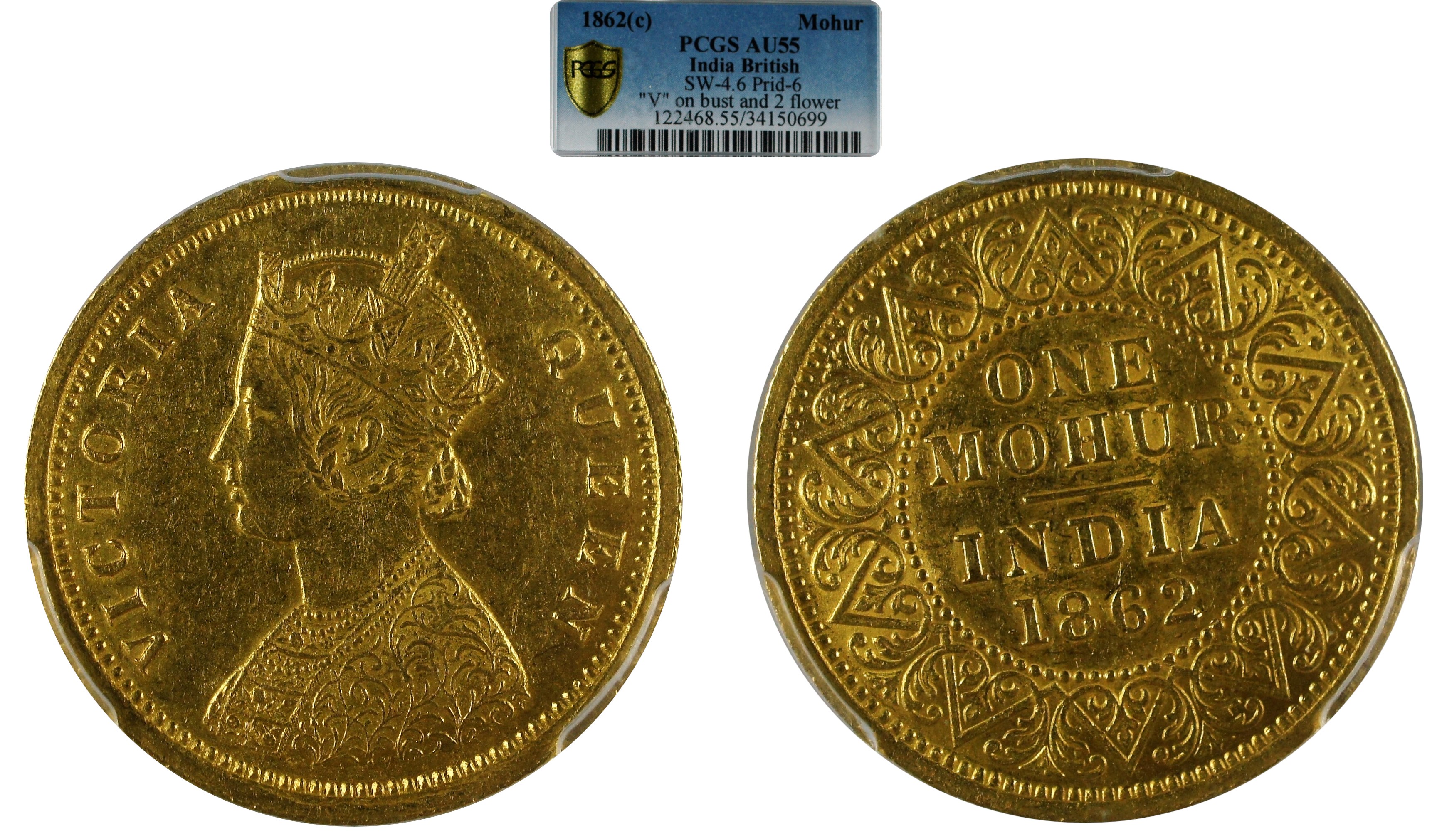 India British 1862 C Gold Mohur PCGS AU55
