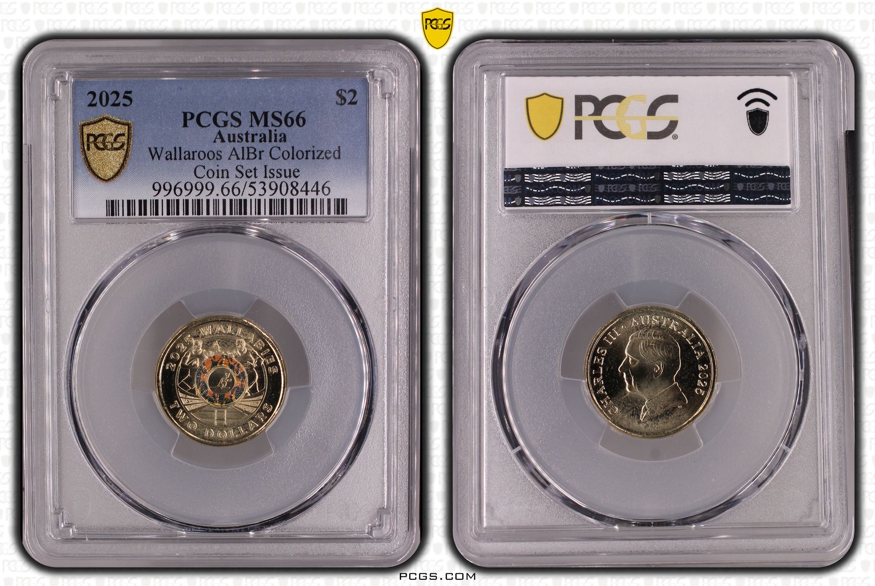 Wallaroos AlBr Colourised Coin Set Issue, Two Dollar, 2025, PCGS MS66