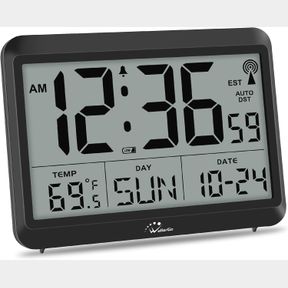 8.5 INCH - BLACK WALLARGE ATOMIC DIGITAL WALL CLOCK BATTERY OPERATED, SELF-SETTING, LARGE DISPLAY WITH TEMPERATURE, DATE, DAY OF T