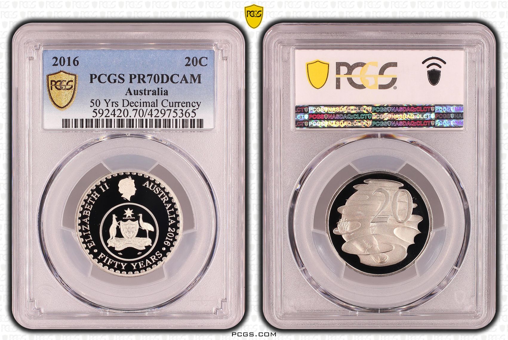 Elizabeth II, 50 Yrs Decimal Currency, Twenty Cent, PR70DCAM , 2016 PCGS POP - 141/0