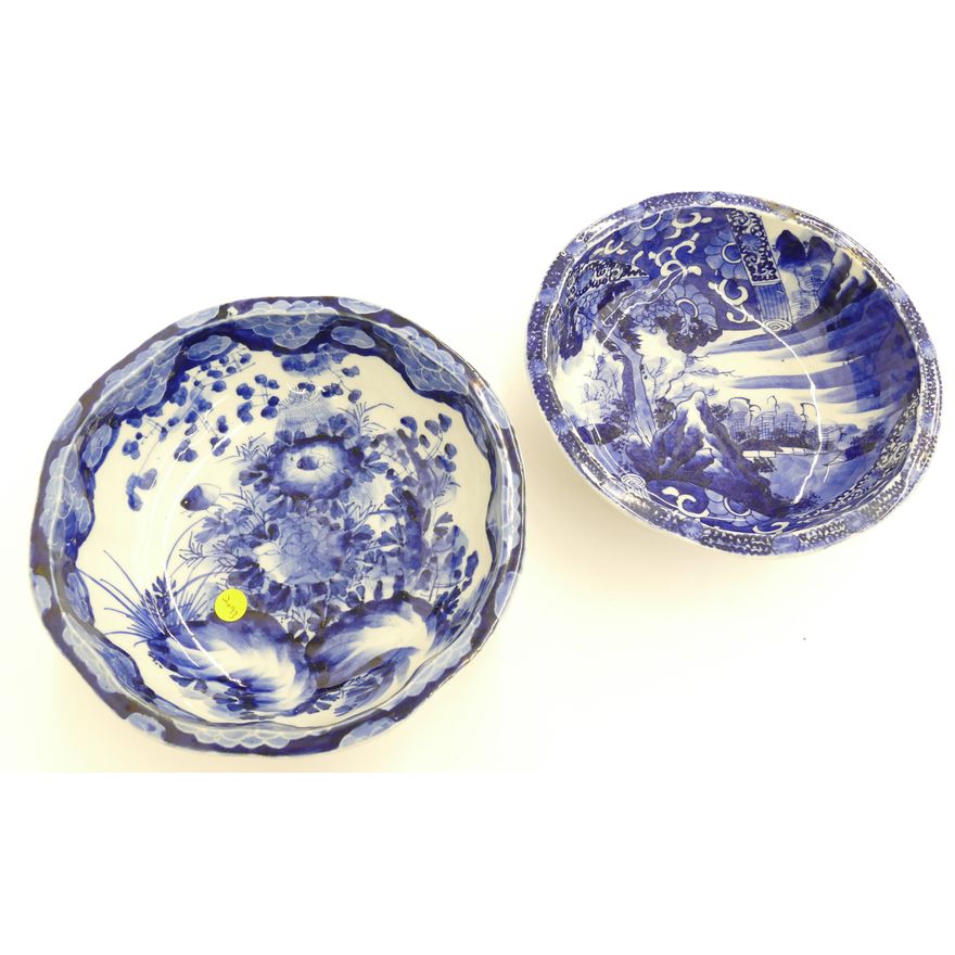 2pc Japanese Sometsuke B&W Porcelain Bowls- 9.5 to 10.5''