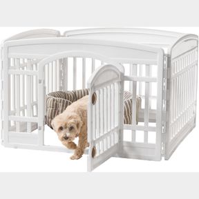 IRIS USA 4-PANEL DOG PEN WITH DOOR, 60 CM TALL FOLDABLE FENCE PUPPY PET PLAYPEN INDOOR OUTDOOR - WHITE