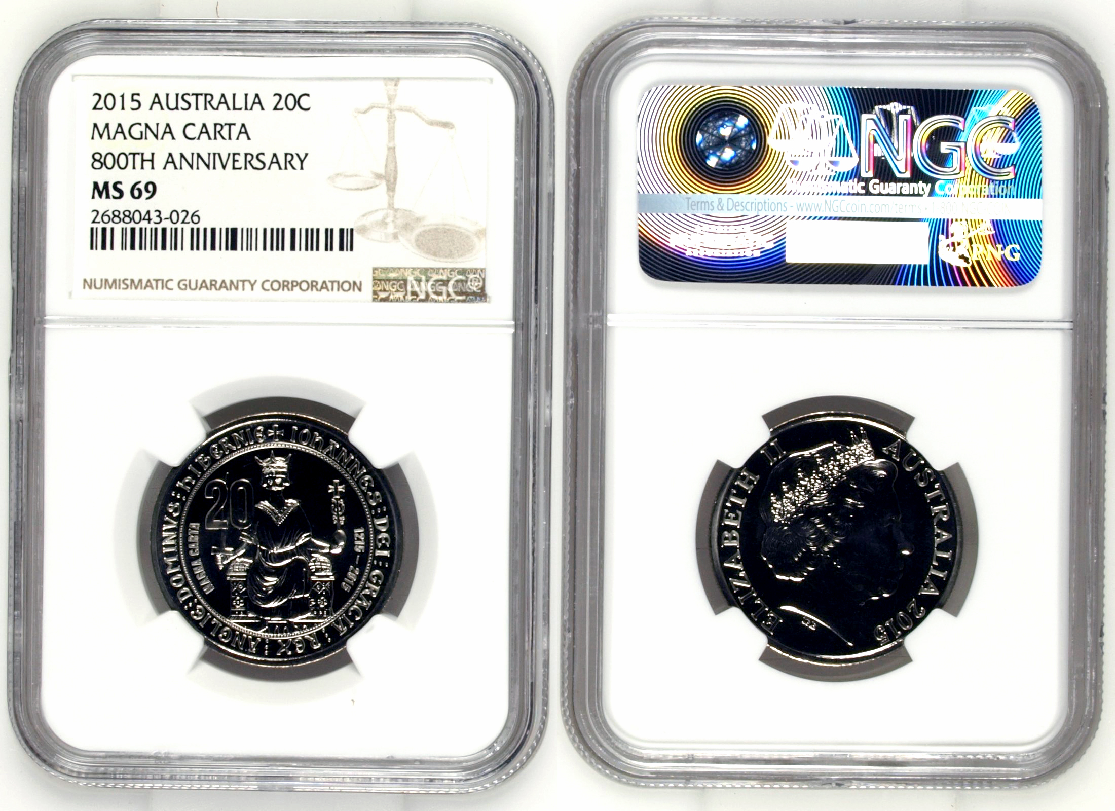 Magna Carta 800Th Anniversary, Twenty Cent, 2015, NGC MS 69
