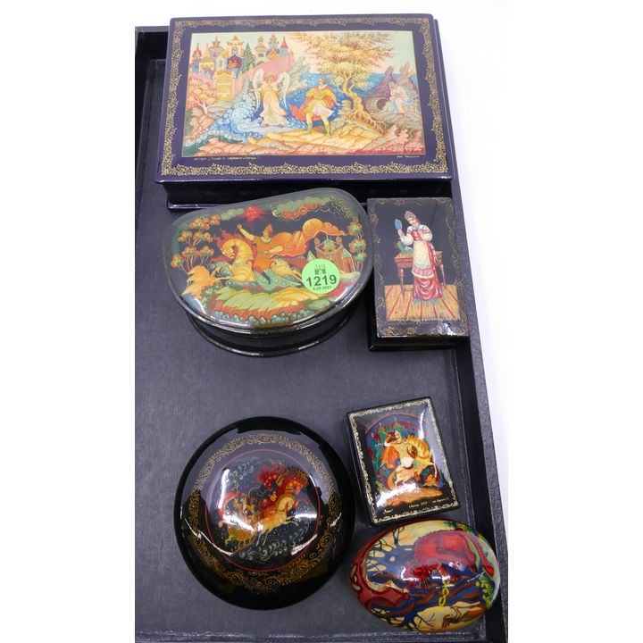 6pc Russian Lacquered Small Boxes & Egg- largest 6.5''