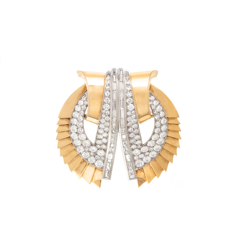 FRENCH, YELLOW GOLD, PLATINUM AND DIAMOND BROOCH